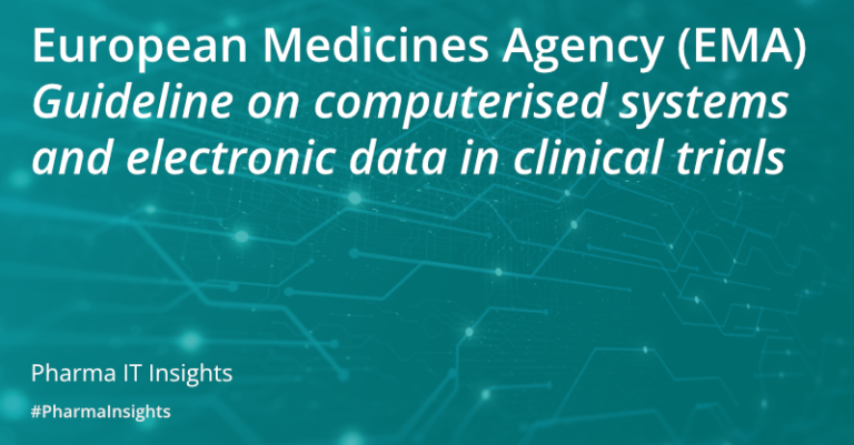 Digital banner with the title of the blog post, 'European Medicines Agency (EMA) Guideline on computerised systems and electronic data in clinical trials'