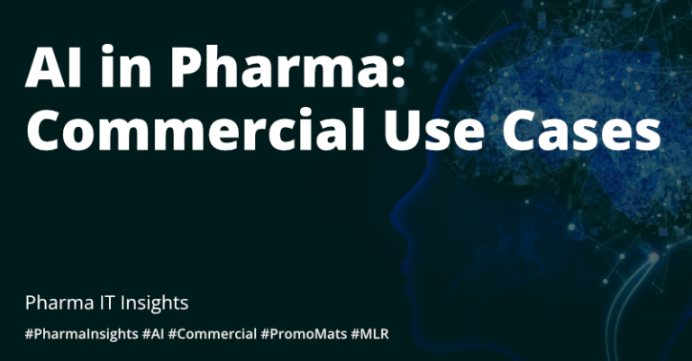 Banner image displaying the title of a blog post concerning the use of AI in the pharma industry with a particular focus on commercial use cases.